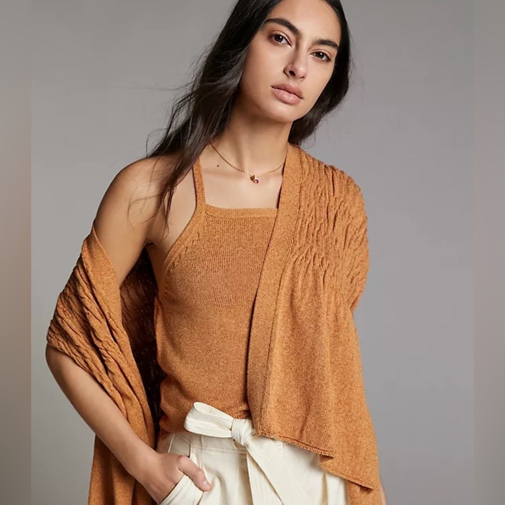 ANTHROPOLOGIE | RITA HONEY BROWN SMOCKED FLOWY OPEN FRONT BOHO CARDIGAN SWEATER
